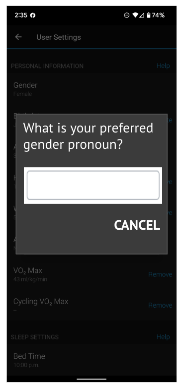 Mock screenshot of inclusive gender options