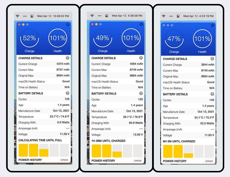 Al Dente app user interface showcasing battery health metrics