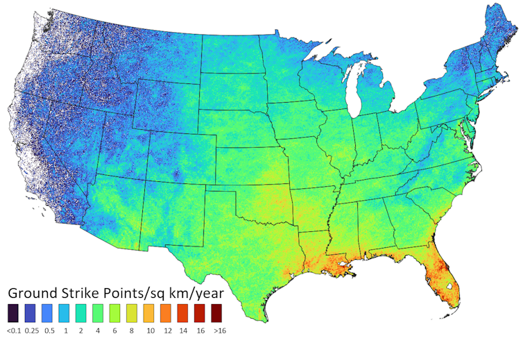 Frequency map of lightning ground strikes across the U.S.