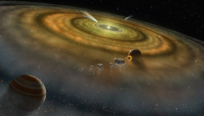 Graphic showing the condensation of interstellar clouds.