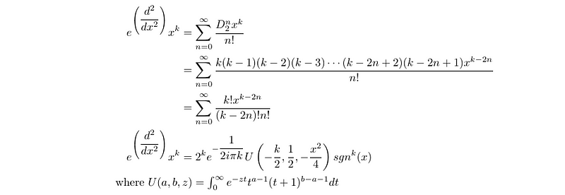 Complex results from e^(D_2)(x^k)