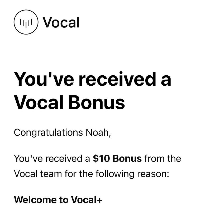 Screenshot of Vocal Media bonus email