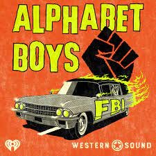 Illustration depicting a hearse with FBI branding and 'Alphabet Boys' in vibrant yellow above.