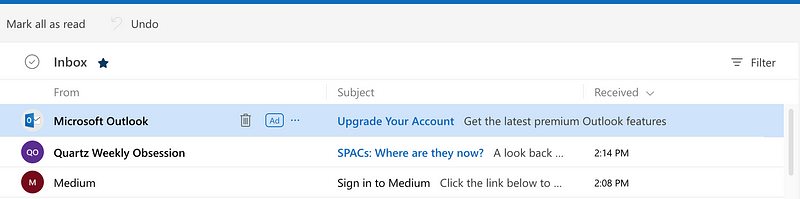 Outlook inbox displaying a disguised advertisement